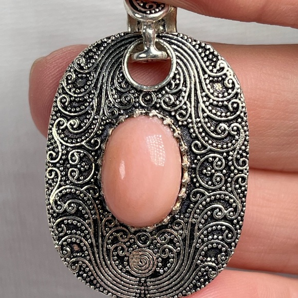 925 Sterling Silver Overlay Pink Opal Gemstone Statement Pendant - Picture 6 of 7